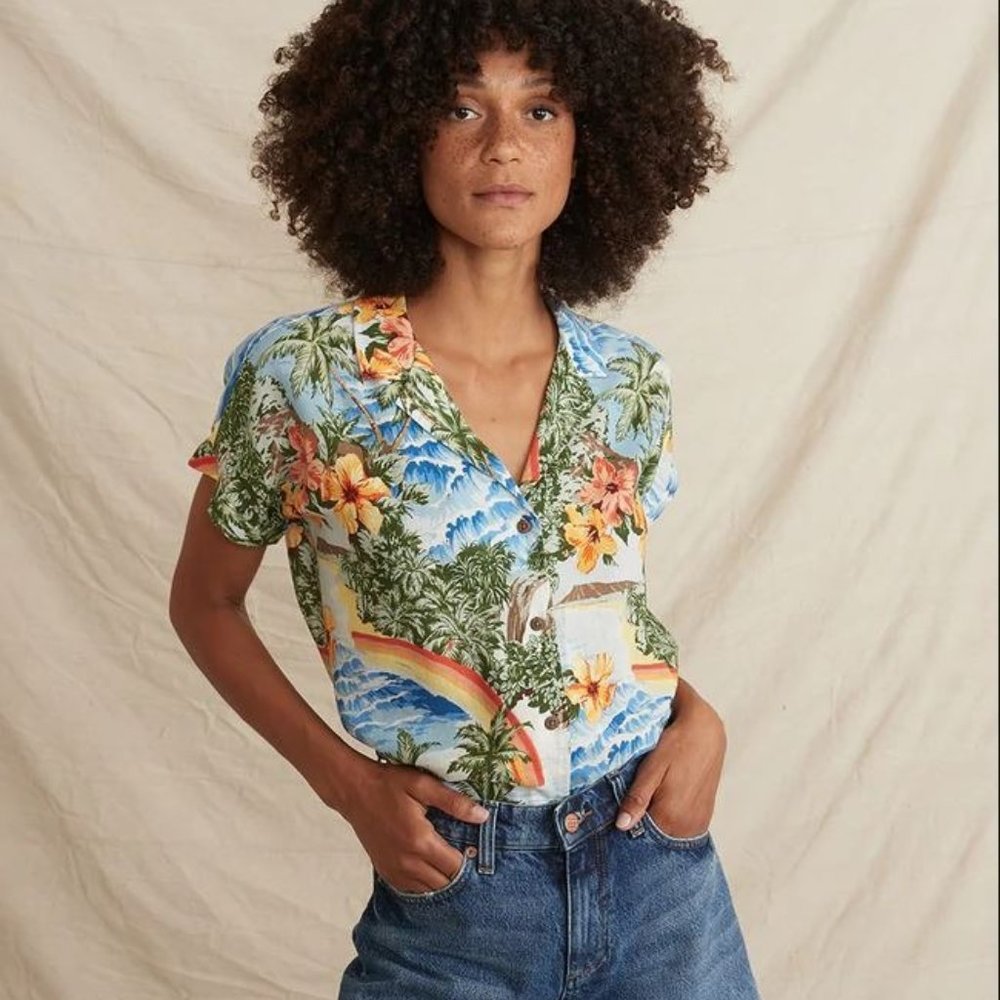 Marine Layer Malia Button Down in Blue Hawaiian Rainbow Print